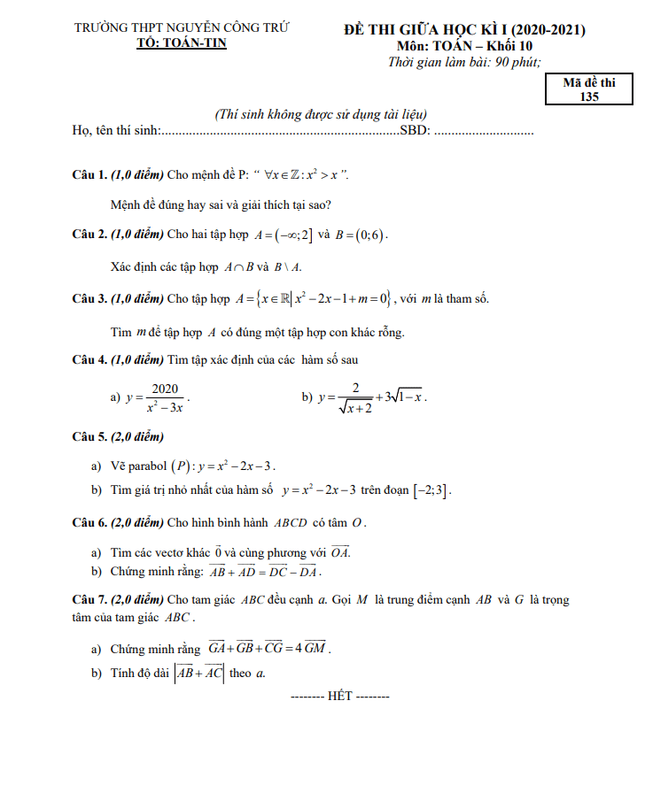 Đề thi giữa kì 1 Toán 10 năm 2020 – 2021 trường THPT Nguyễn Công Trứ – Phú Yên