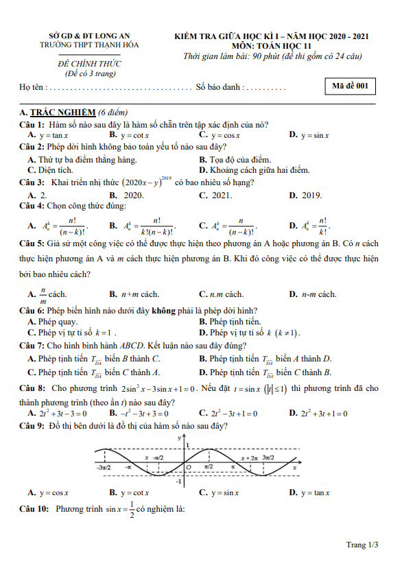 Đề thi giữa kì 1 Toán 11 năm 2020 – 2021 trường THPT Thạnh Hóa – Long An