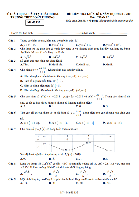 Đề thi giữa kì 1 Toán 12 năm 2020 – 2021 trường THPT Đoàn Thượng – Hải Dương