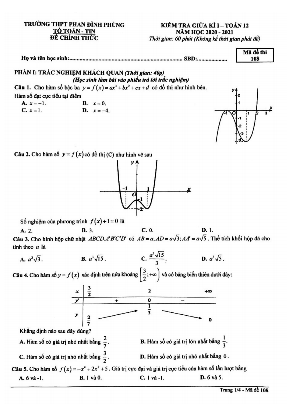 Đề thi giữa kì 1 Toán 12 năm 2020 – 2021 trường THPT Phan Đình Phùng – Hà Nội