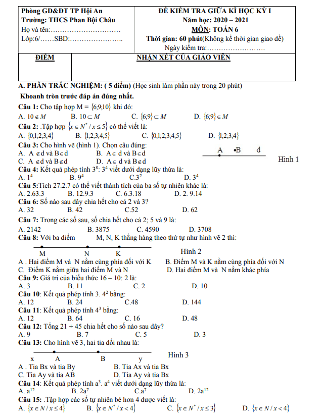 Đề thi giữa kì 1 Toán 6 năm 2020 – 2021 trường THCS Phan Bội Châu – Quảng Nam