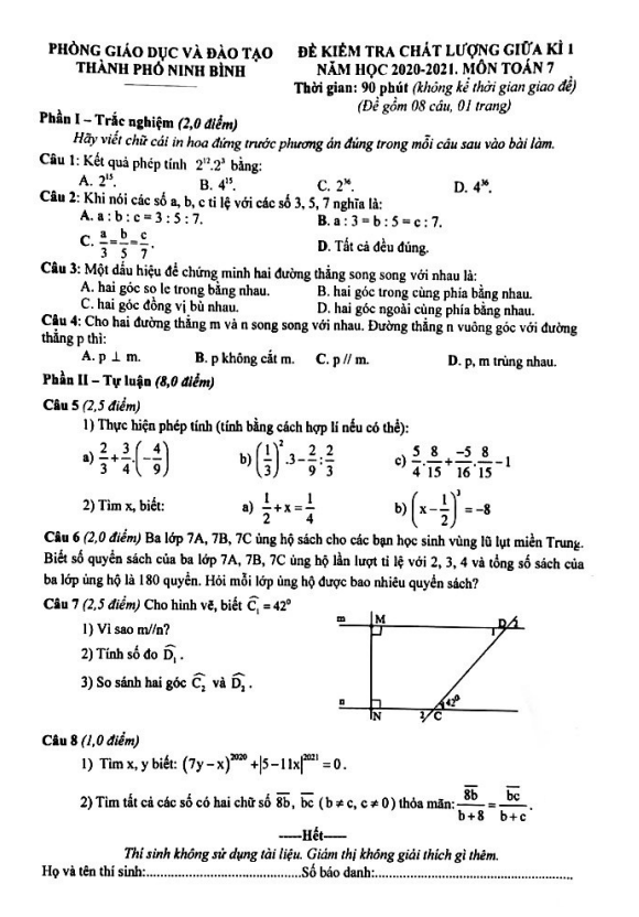 Đề thi giữa kì 1 Toán 7 năm 2020 – 2021 phòng GD&ĐT thành phố Ninh Bình