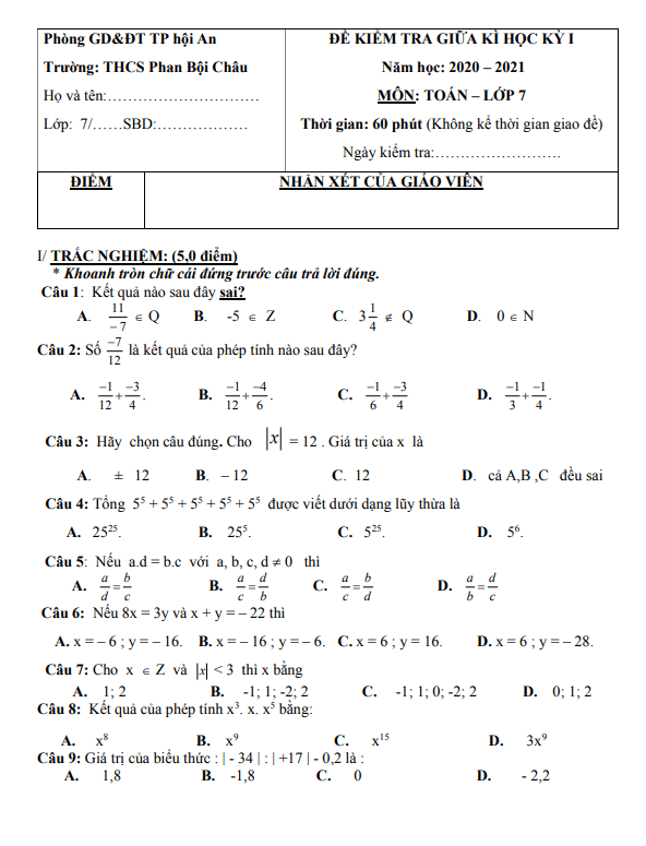 Đề thi giữa kì 1 Toán 7 năm 2020 – 2021 trường THCS Phan Bội Châu – Quảng Nam