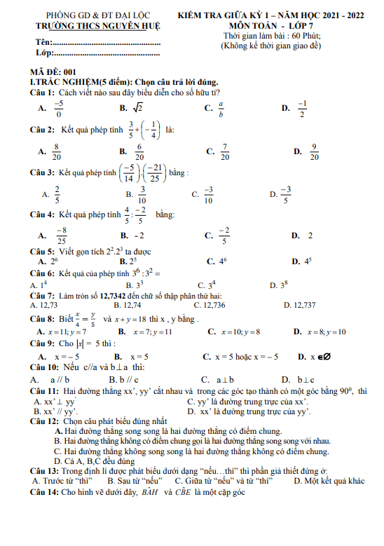 Đề thi giữa kì 1 Toán 7 năm 2021 – 2022 trường THCS Nguyễn Huệ – Quảng Nam
