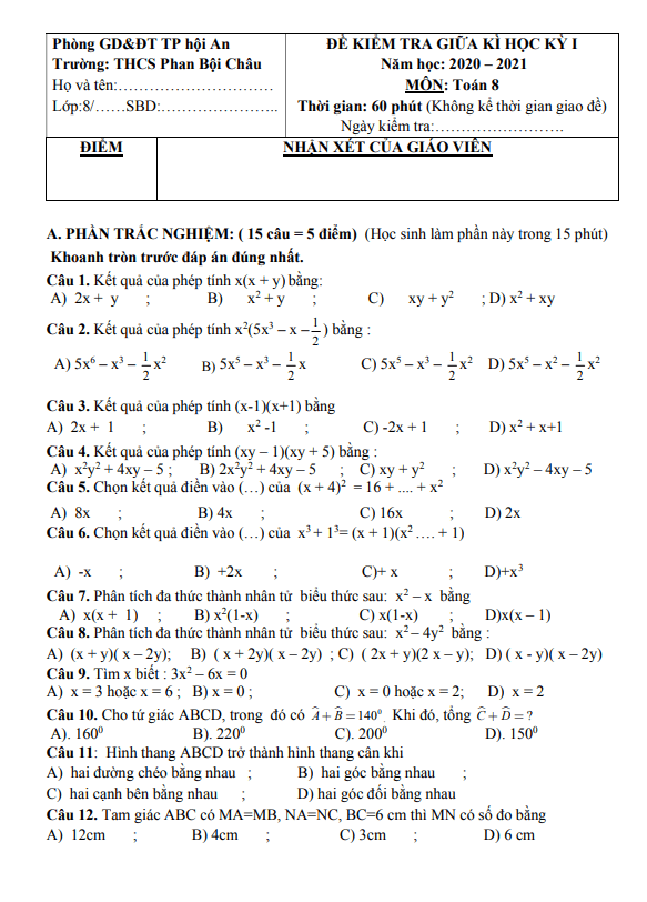 Đề thi giữa kì 1 Toán 8 năm 2020 – 2021 trường THCS Phan Bội Châu – Quảng Nam