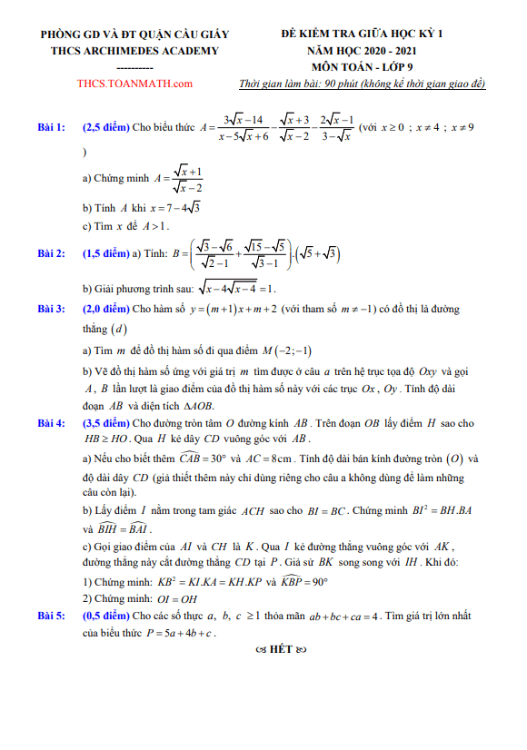 Đề thi giữa kì 1 Toán 9 năm 2020 – 2021 trường THCS Archimedes Academy – Hà Nội