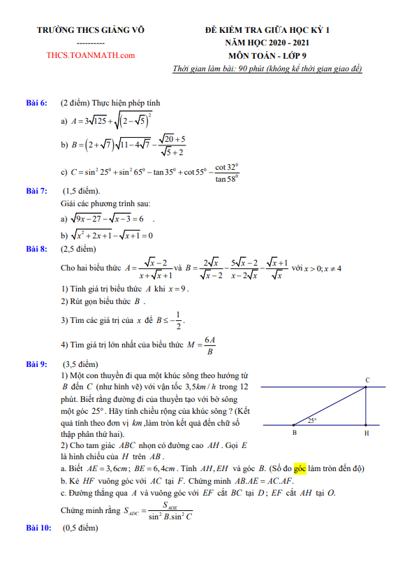 Đề thi giữa kì 1 Toán 9 năm 2020 – 2021 trường THCS Giảng Võ – Hà Nội