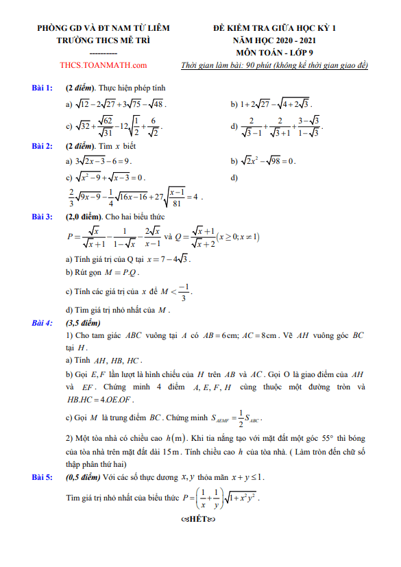 Đề thi giữa kì 1 Toán 9 năm 2020 – 2021 trường THCS Mễ Trì – Hà Nội