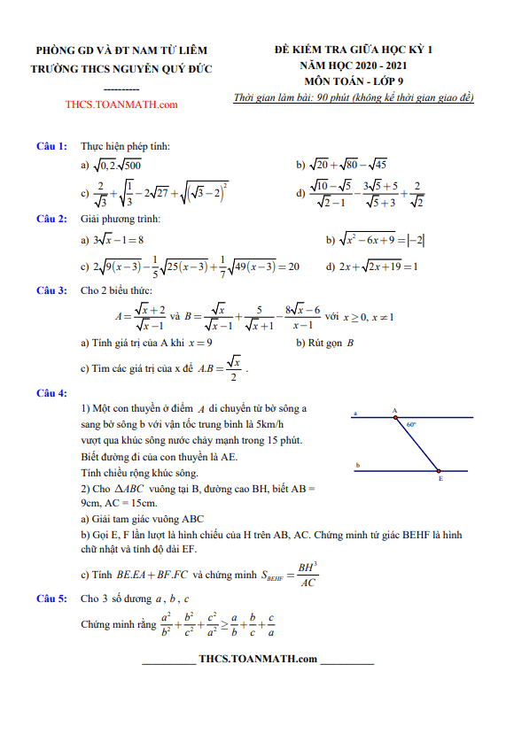 Đề thi giữa kì 1 Toán 9 năm 2020 – 2021 trường THCS Nguyễn Quý Đức – Hà Nội