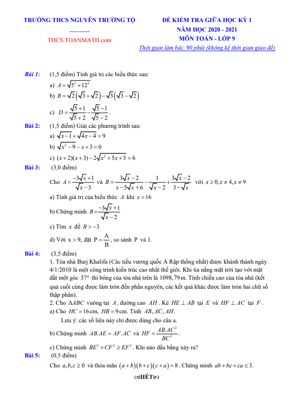 Đề thi giữa kì 1 Toán 9 năm 2020 – 2021 trường THCS Nguyễn Trường Tộ – Hà Nội