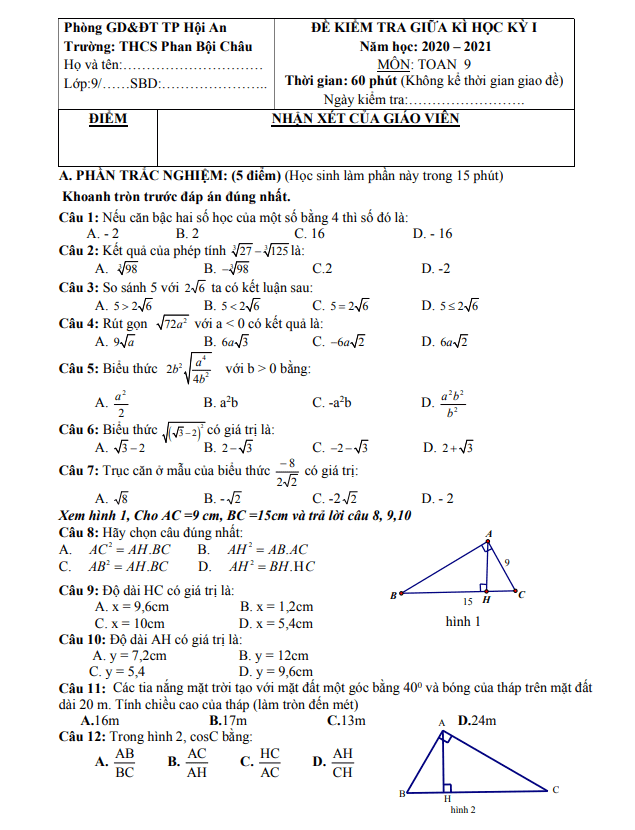 Đề thi giữa kì 1 Toán 9 năm 2020 – 2021 trường THCS Phan Bội Châu – Quảng Nam