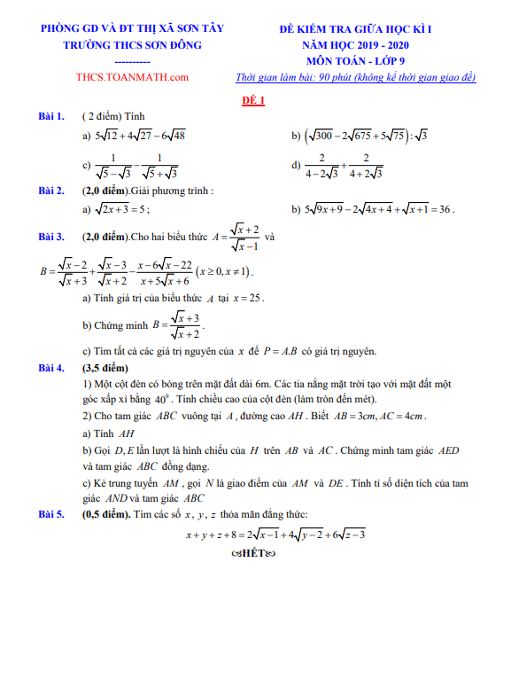 Đề thi giữa kì 1 Toán 9 năm 2020 – 2021 trường THCS Sơn Đông – Hà Nội