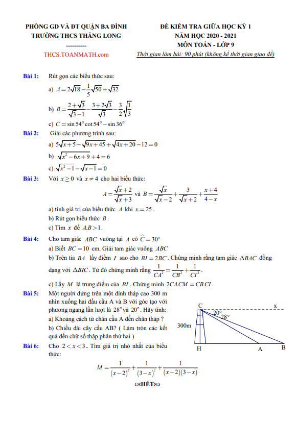 Đề thi giữa kì 1 Toán 9 năm 2020 – 2021 trường THCS Thăng Long – Hà Nội