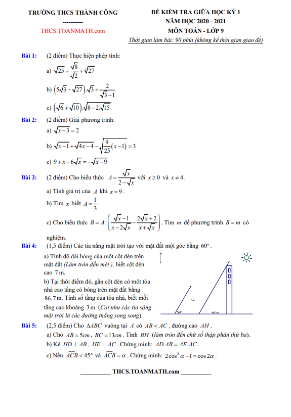 Đề thi giữa kì 1 Toán 9 năm 2020 – 2021 trường THCS Thành Công – Hà Nội