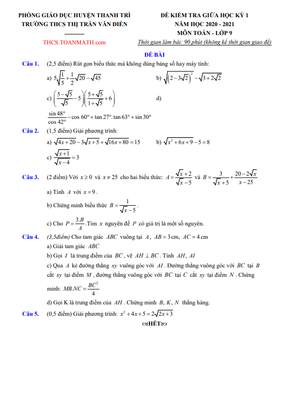 Đề thi giữa kì 1 Toán 9 năm 2020 – 2021 trường THCS thị trấn Văn Điển – Hà Nội