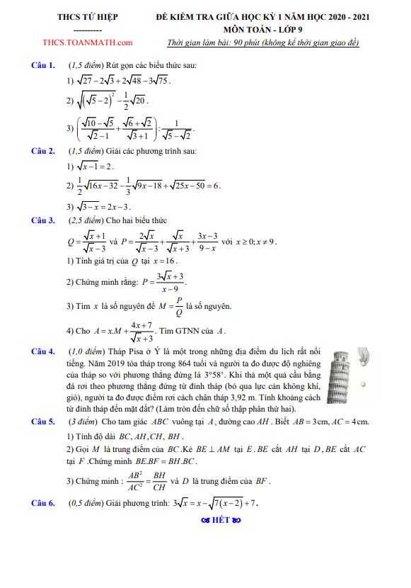 Đề thi giữa kì 1 Toán 9 năm 2020 – 2021 trường THCS Tứ Hiệp – Hà Nội