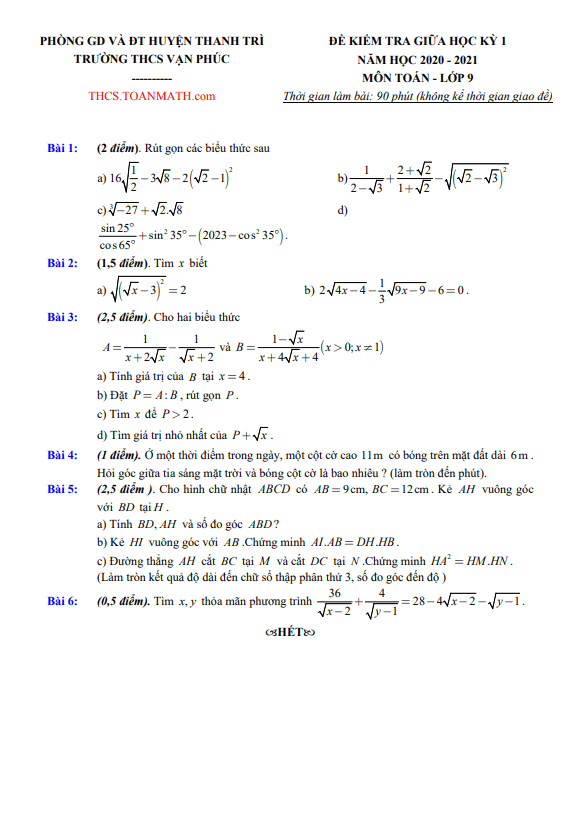 Đề thi giữa kì 1 Toán 9 năm 2020 – 2021 trường THCS Vạn Phúc – Hà Nội