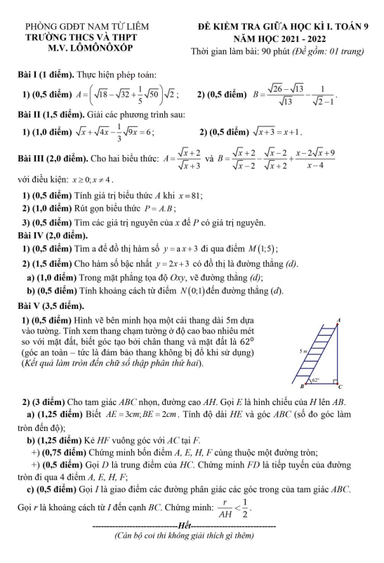 Đề thi giữa kì 1 Toán 9 năm 2021 – 2022 trường M.V. Lômônôxốp – Hà Nội