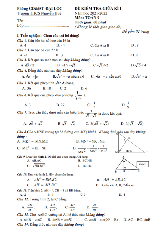 Đề thi giữa kì 1 Toán 9 năm 2021 – 2022 trường THCS Nguyễn Huệ – Quảng Nam