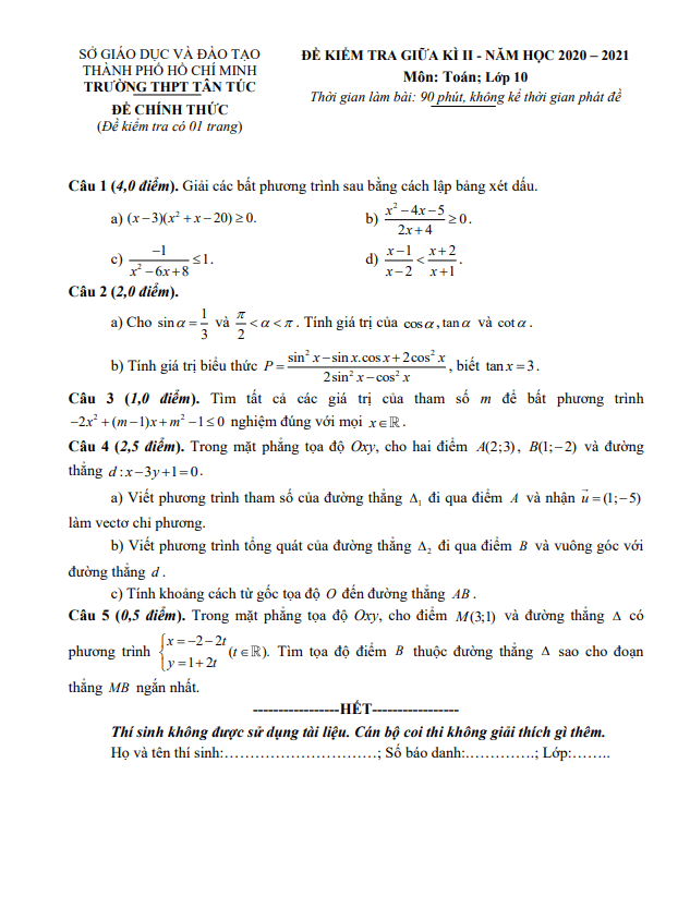 Đề thi giữa kì 2 Toán 10 năm 2020 – 2021 trường THPT Tân Túc – TP HCM