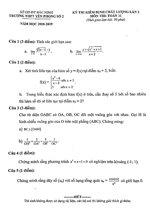 Đề thi giữa kì 2 Toán 11 năm 2018 – 2019 trường Yên Phong 2 – Bắc Ninh