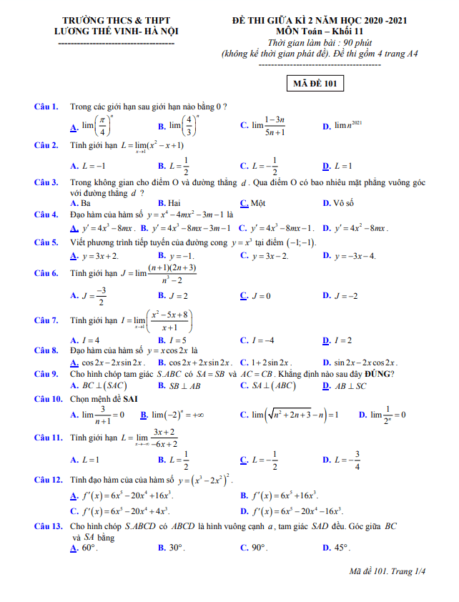Đề thi giữa kì 2 Toán 11 năm 2020 – 2021 trường Lương Thế Vinh – Hà Nội