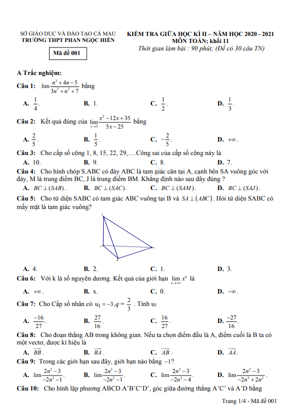 Đề thi giữa kì 2 Toán 11 năm 2020 – 2021 trường Phan Ngọc Hiển – Cà Mau