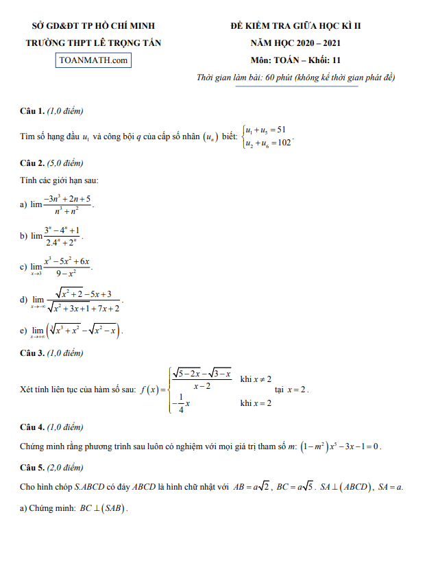 Đề thi giữa kì 2 Toán 11 năm 2020 – 2021 trường THPT Lê Trọng Tấn – TP HCM