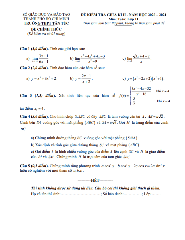 Đề thi giữa kì 2 Toán 11 năm 2020 – 2021 trường THPT Tân Túc – TP HCM