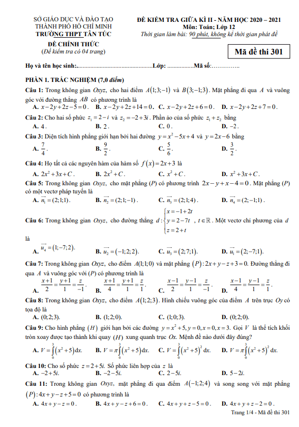 Đề thi giữa kì 2 Toán 12 năm 2020 – 2021 trường THPT Tân Túc – TP HCM