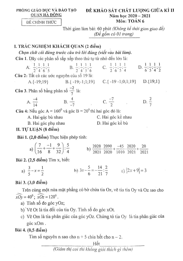 Đề thi giữa kì 2 Toán 6 năm 2020 – 2021 phòng GD&ĐT Hà Đông – Hà Nội