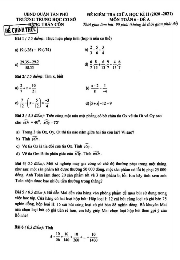 Đề thi giữa kì 2 Toán 6 năm 2020 – 2021 trường Đặng Trần Côn – TP HCM