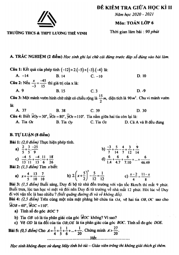 Đề thi giữa kì 2 Toán 6 năm 2020 – 2021 trường Lương Thế Vinh – Hà Nội