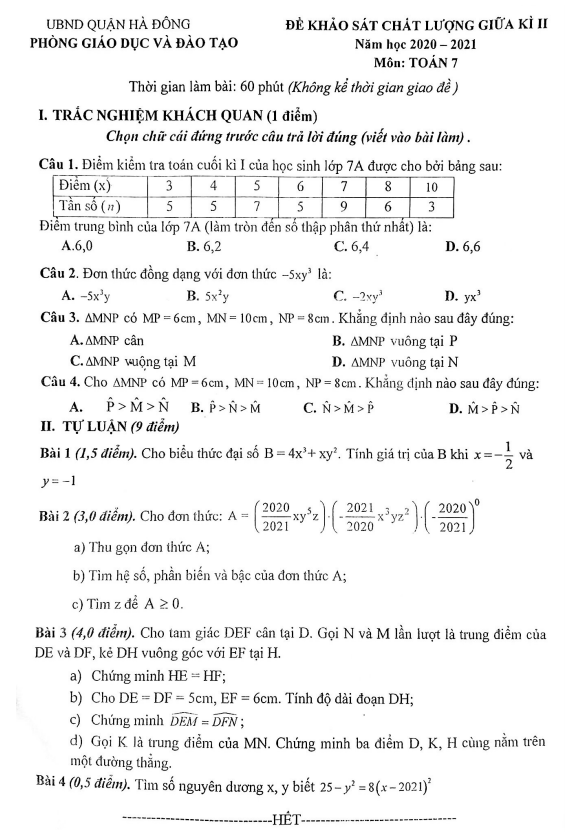 Đề thi giữa kì 2 Toán 7 năm 2020 – 2021 phòng GD&ĐT Hà Đông – Hà Nội