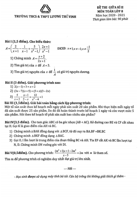 Đề thi giữa kì 2 Toán 8 năm 2020 – 2021 trường Lương Thế Vinh – Hà Nội