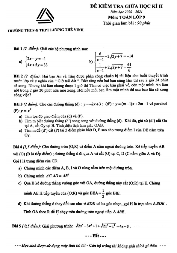 Đề thi giữa kì 2 Toán 9 năm 2020 – 2021 trường Lương Thế Vinh – Hà Nội