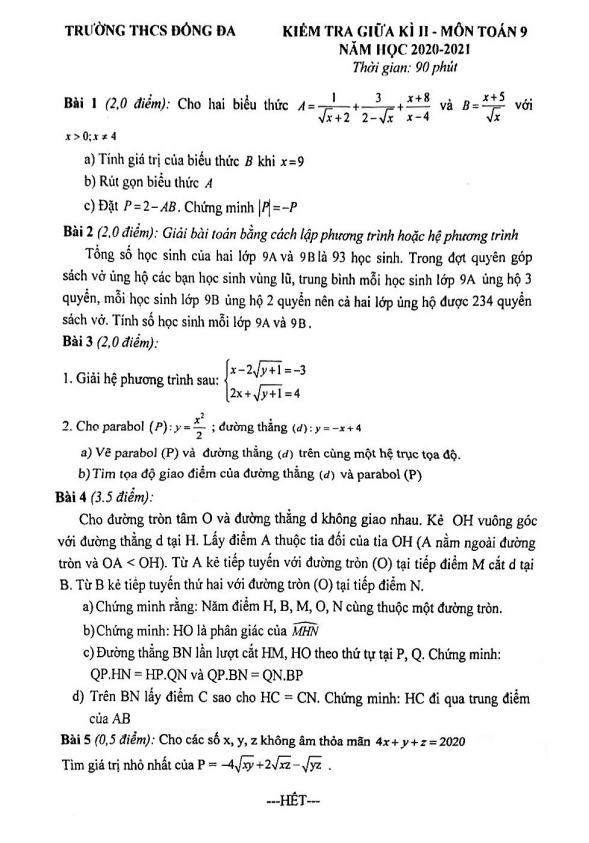 Đề thi giữa kì 2 Toán 9 năm 2020 – 2021 trường THCS Đống Đa – Hà Nội