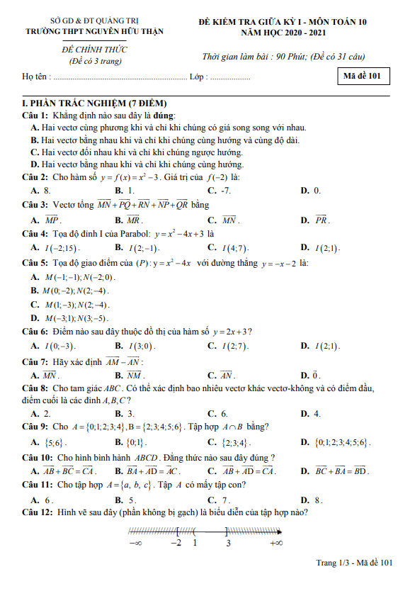 Đề thi giữa kỳ 1 Toán 10 năm 2020 – 2021 trường Nguyễn Hữu Thận – Quảng Trị