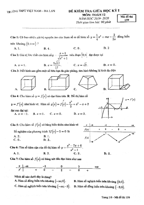 Đề thi giữa kỳ 1 Toán 12 năm 2019 – 2020 trường Việt Nam – Ba Lan – Hà Nội