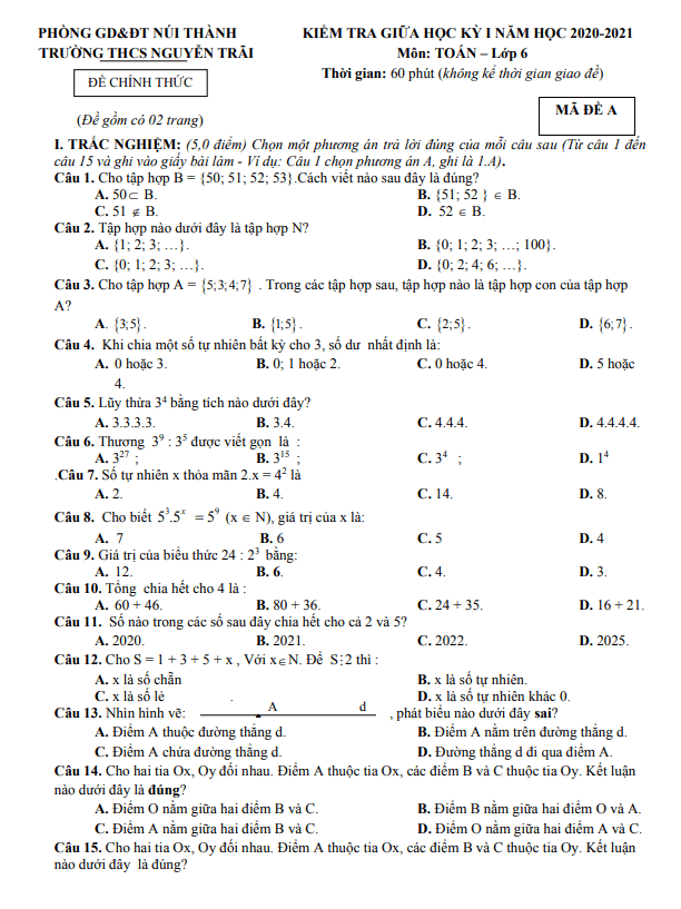 Đề thi giữa kỳ 1 Toán 6 năm 2020 – 2021 trường THCS Nguyễn Trãi – Quảng Nam