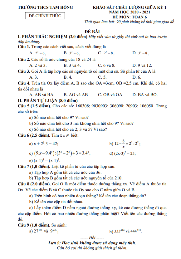 Đề thi giữa kỳ 1 Toán 6 năm 2020 – 2021 trường THCS Tam Hồng – Vĩnh Phúc