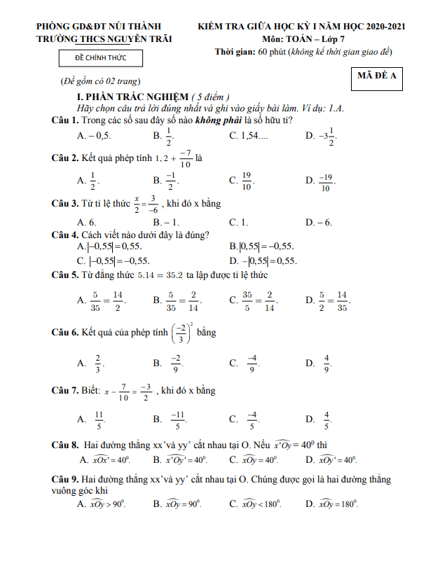 Đề thi giữa kỳ 1 Toán 7 năm 2020 – 2021 trường THCS Nguyễn Trãi – Quảng Nam