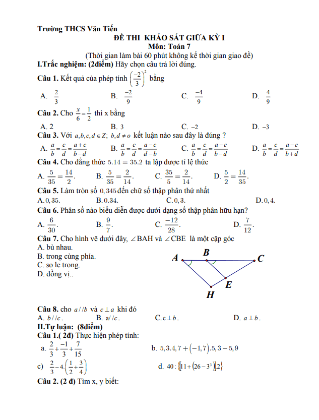 Đề thi giữa kỳ 1 Toán 7 năm 2020 – 2021 trường THCS Văn Tiến – Vĩnh Phúc