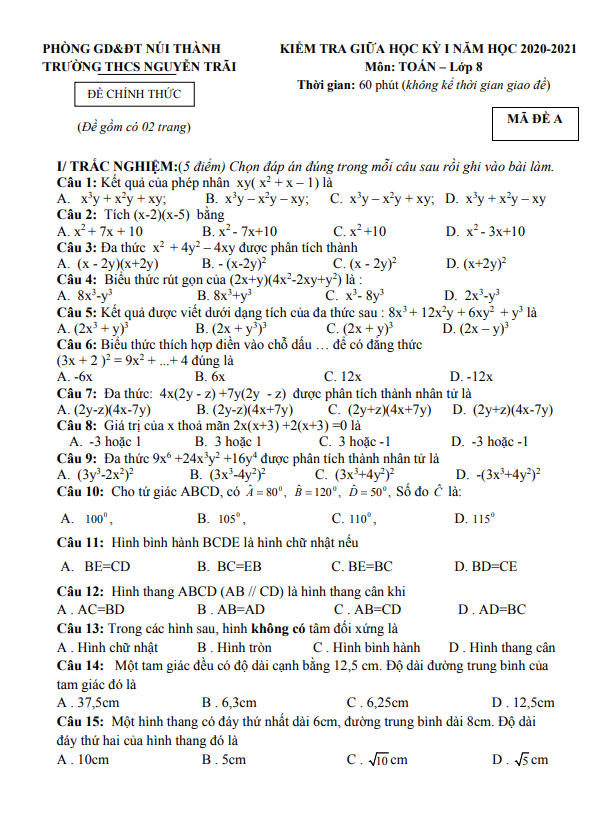 Đề thi giữa kỳ 1 Toán 8 năm 2020 – 2021 trường THCS Nguyễn Trãi – Quảng Nam