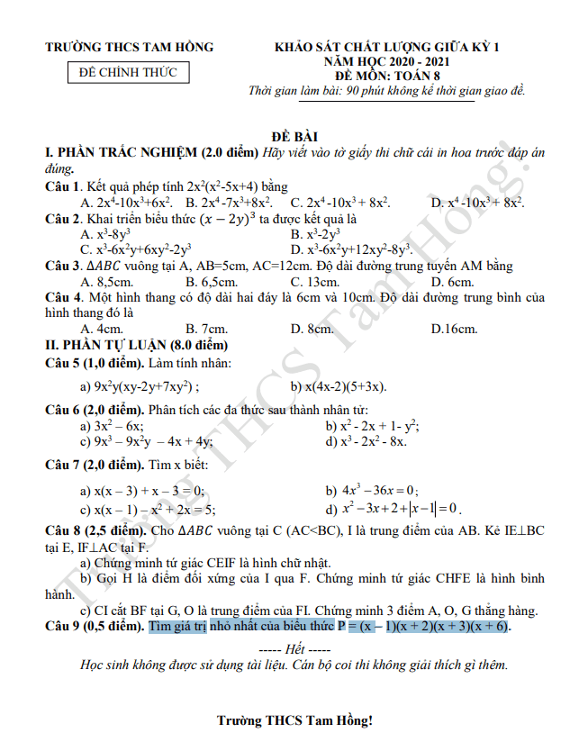 Đề thi giữa kỳ 1 Toán 8 năm 2020 – 2021 trường THCS Tam Hồng – Vĩnh Phúc