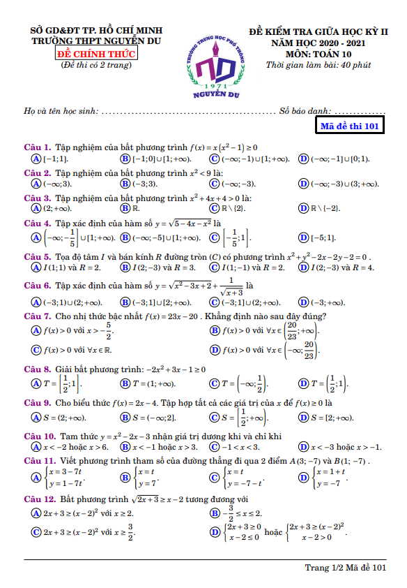 Đề thi giữa kỳ 2 Toán 10 năm 2020 – 2021 trường THPT Nguyễn Du – TP HCM