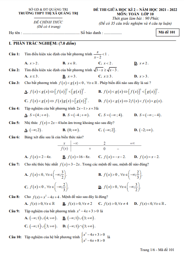 Đề thi giữa kỳ 2 Toán 10 năm 2021 – 2022 trường THPT Thị xã Quảng Trị