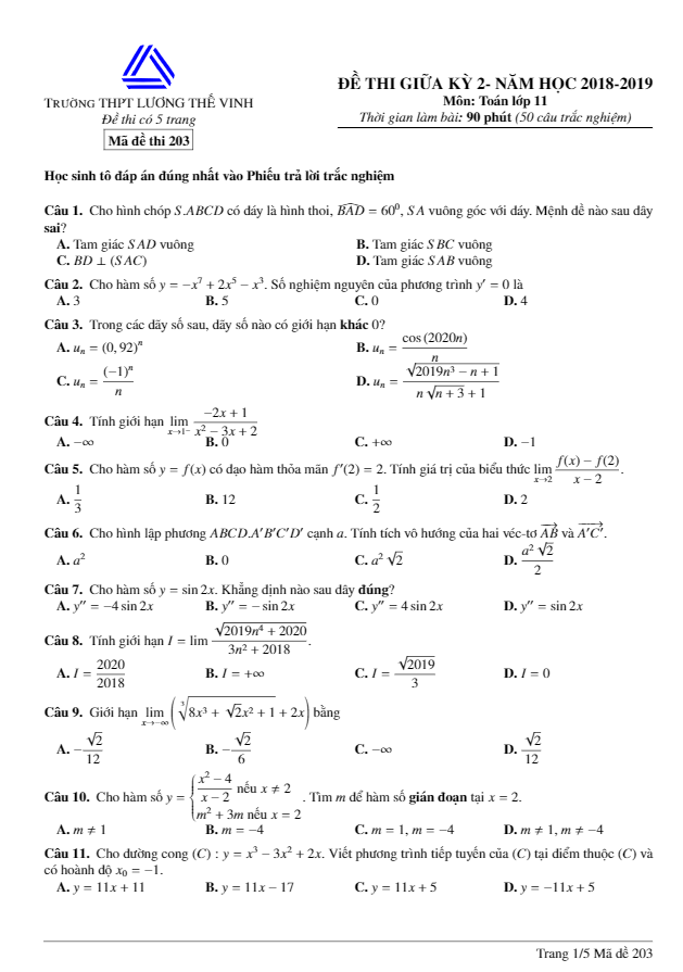 Đề thi giữa kỳ 2 Toán 11 năm 2018 – 2019 trường Lương Thế Vinh – Hà Nội