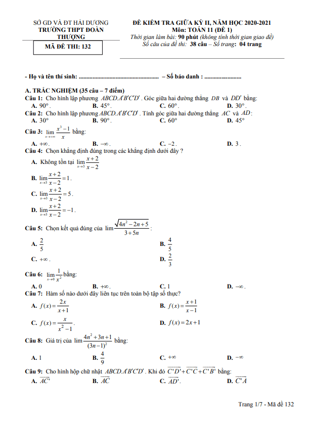 Đề thi giữa kỳ 2 Toán 11 năm 2020 – 2021 trường Đoàn Thượng – Hải Dương