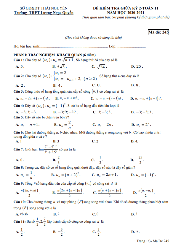 Đề thi giữa kỳ 2 Toán 11 năm 2020 – 2021 trường Lương Ngọc Quyến – Thái Nguyên